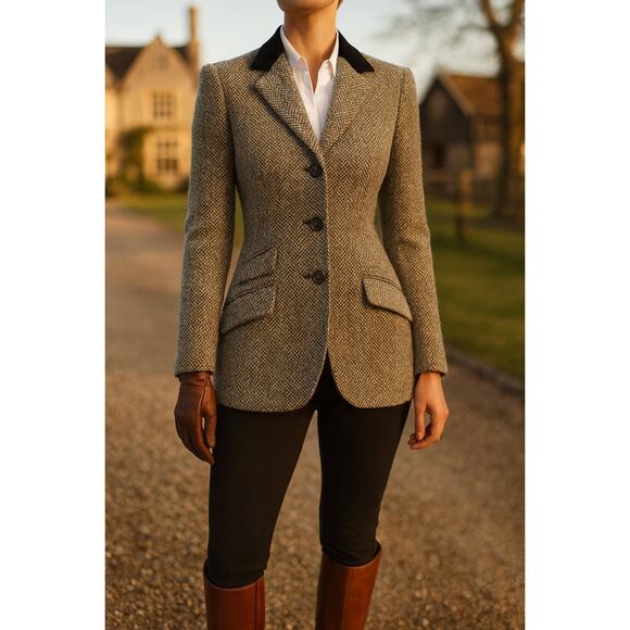 Ralph Lauren Herringbone Tweed Blazer 90% Wool Velvet Collar Sz 14 - Picture 1 of 14